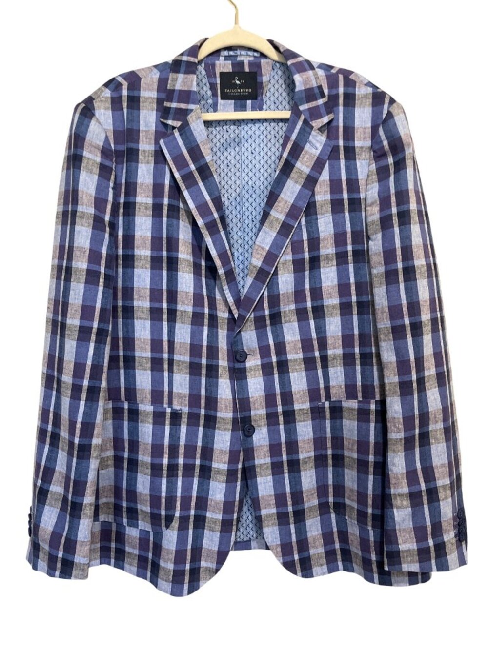 Tailorbyrd Mens Size 46L Blazer Blue Plaid Linen Jacket Sport Coat Preppy NEW